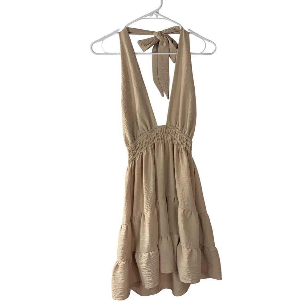 Dazign Tan Halter Mini Dress Smocked Waist Tiered Ruffle Skirt Textured Size S